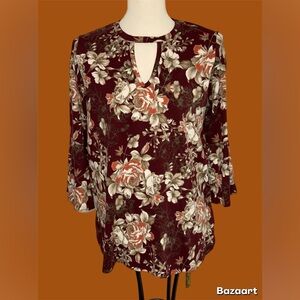 Crepas Womans Blouse Shirt  floral tunic 3/4  pullover keyhole size small